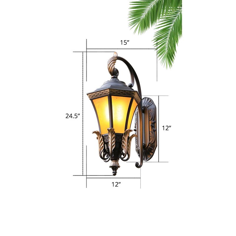 1-Light Amber Glass Wall Lamp Vintage Black Flared Villa Garden Wall Sconce Light