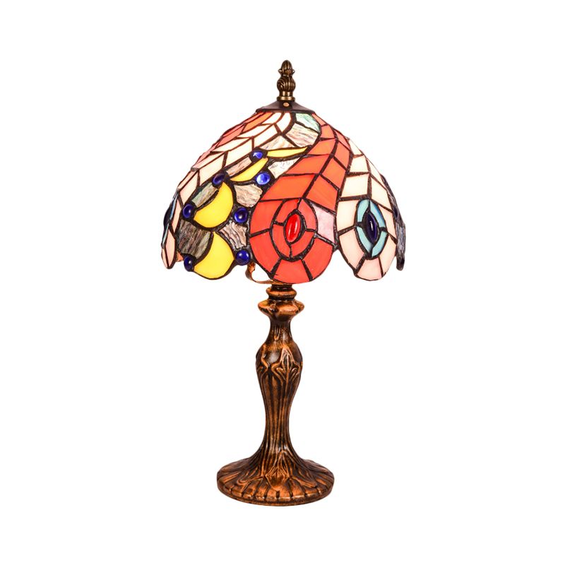 2-Light Bedroom Table Lamp Baroque Brass Peacock Tail Patterned Night Light with Bowl Stained Glass Shade