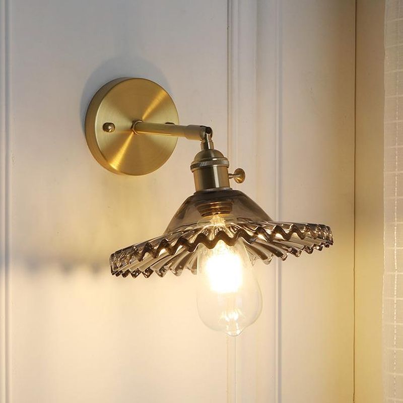 Brass Scalloped Wall Lighting Industrial Smoked Glass 1 Light Living Room Sconce Light Fixture
