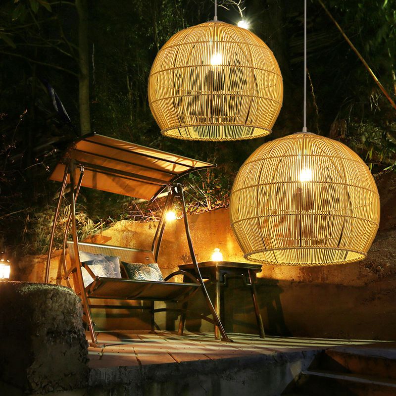 Beige Asia Pendulum Light Dome Rattan 1-Light Hanging Ceiling Light for Dining Room