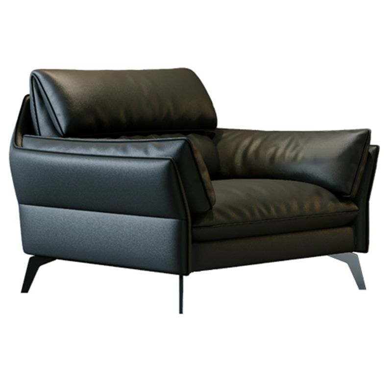 Black Genuine Leather Settee Mid-Century Modern Pillow Top Arm Sofa - 33.5" H