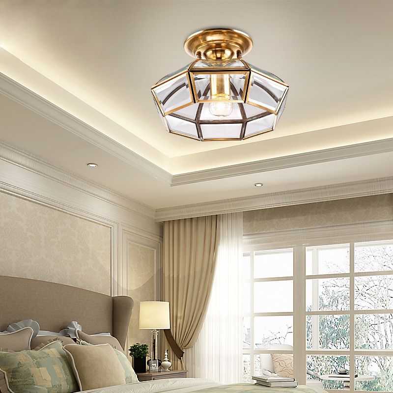 Brass Dome Shaped Semi Flush Light Simplicity Clear Glass 1 Bulb Living Room Flush Ceiling Light Fixture