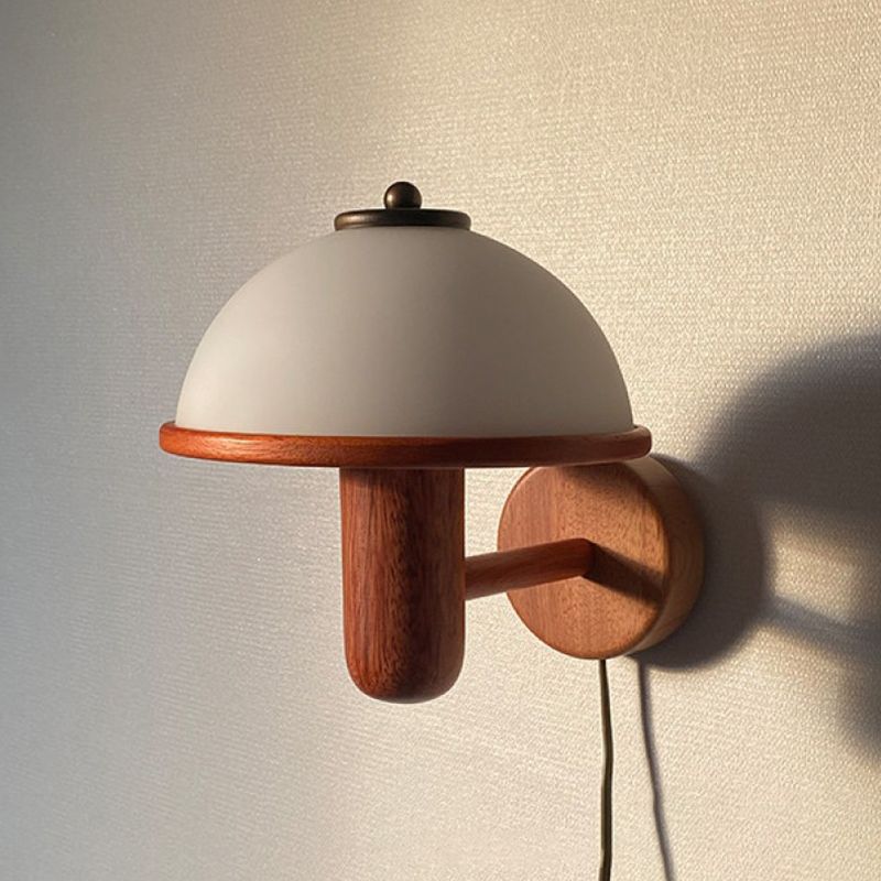 Modern Wood Wall Sconce Mushroom Shape Wall Light with Metal Shade for Living Room