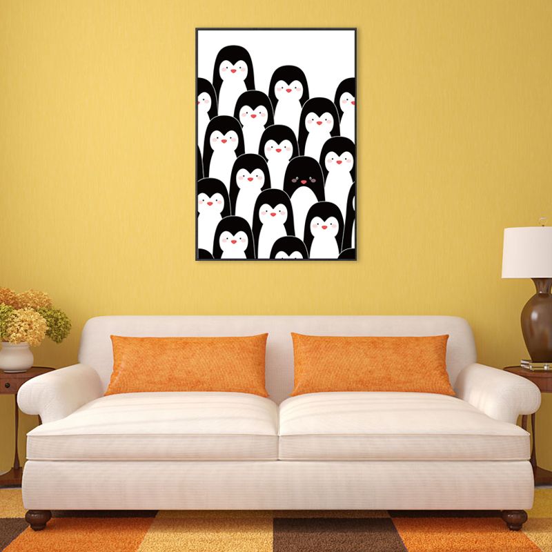 Kawaii Animal Canvas Wall Art for Child Bedroom, Black and White, Textured Surface