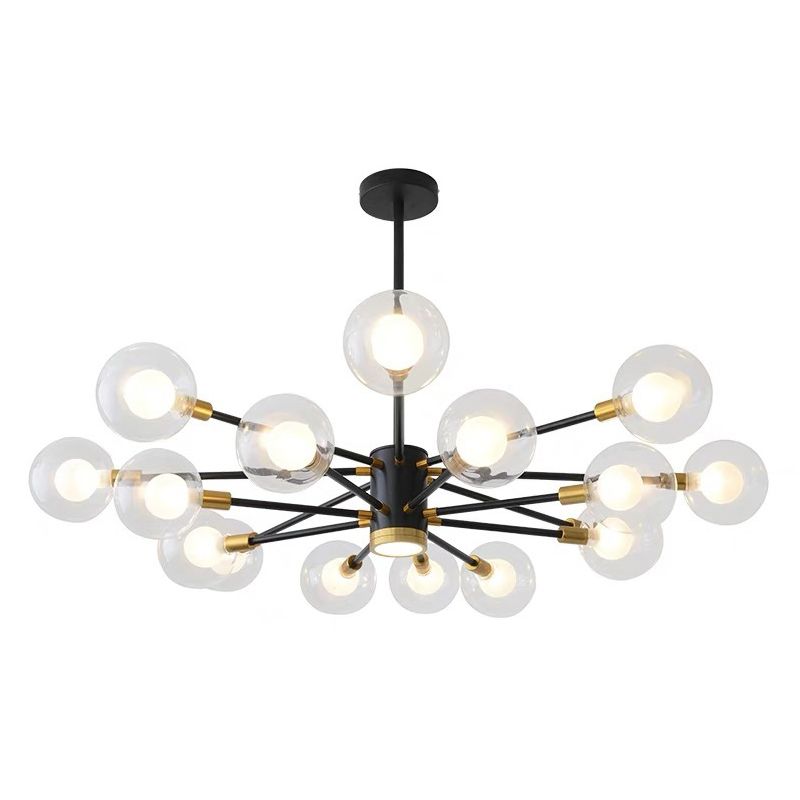 Modern Metal Radial Hanging Chandelier Light Spherical Clear Glass Shade Suspension Light in Black