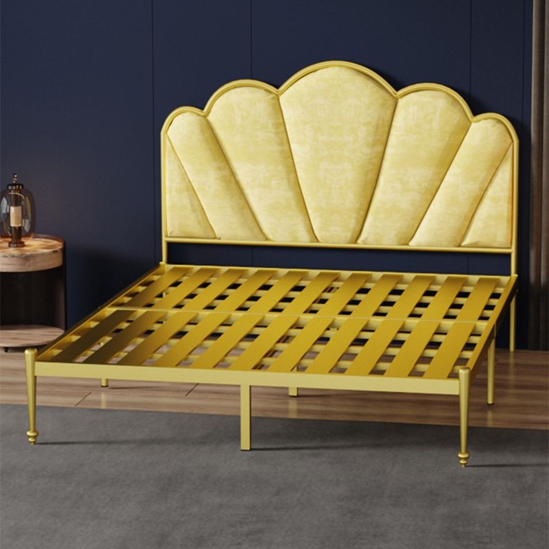 Glam Metal Panel Bed with Fabric Camelback Upholstered Headboard