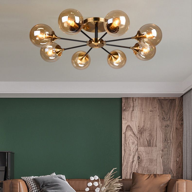 Moderne artistieke globe-plafondlamp, gelakt ijzer, semi-inbouw met glazen kap