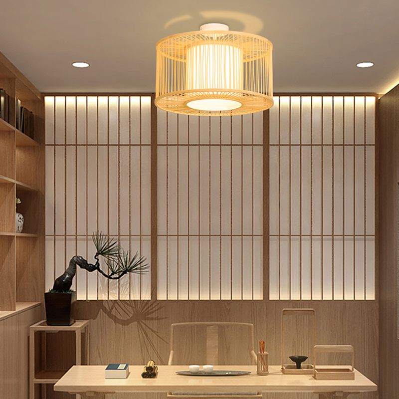 Beige Cylindrical Ceiling Mounted Light Asia Style Bamboo Bedroom Ceiling Lighting