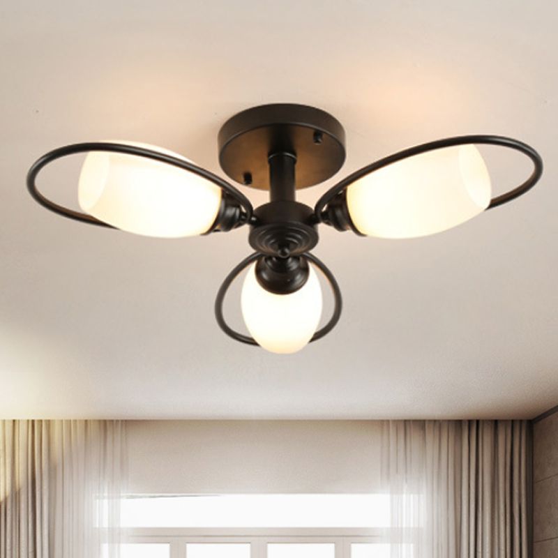3/6/8 luces Semi Flush Mount Flower Flower Vidrio Blanco Luz de techo en negro para sala de estar