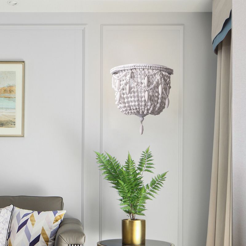 1 Light Bedroom Wall Mount Lighting Traditional White Sconce Light Fixture with Basket Wood Shade