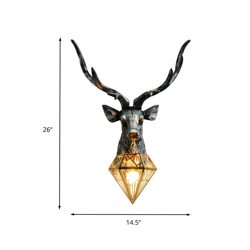 Resin Deer Wall Sconce Lighting Antique Style 1 Light Wall Light with Brass Diamond Shade, 14.5"/19.5" Wide