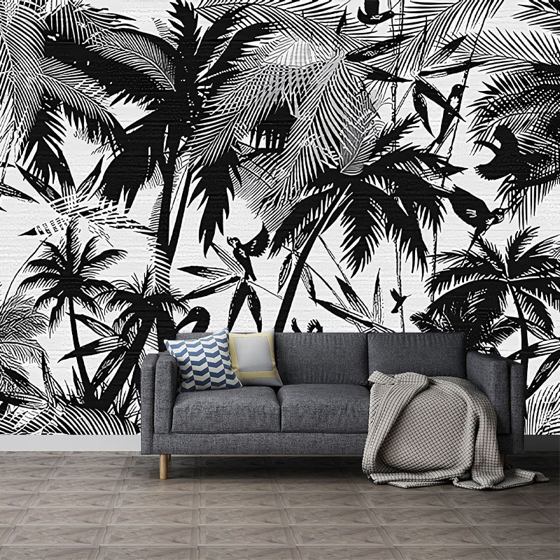 Whole Tropical Wall Paper Murals Black Coastal Palm Trees and Flamingo Painting Wall Art, Made to Measure
