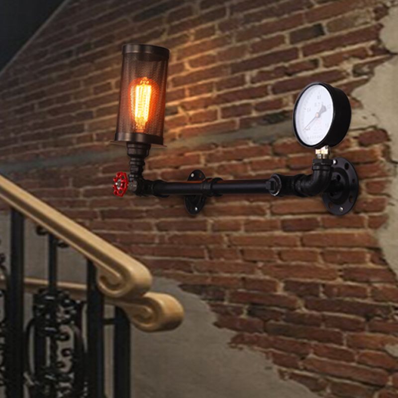 Single-Bulb Wall Light Fixture Vintage Water Pipe Iron Wall Mounted Lamp with Valve and Gauge in Black