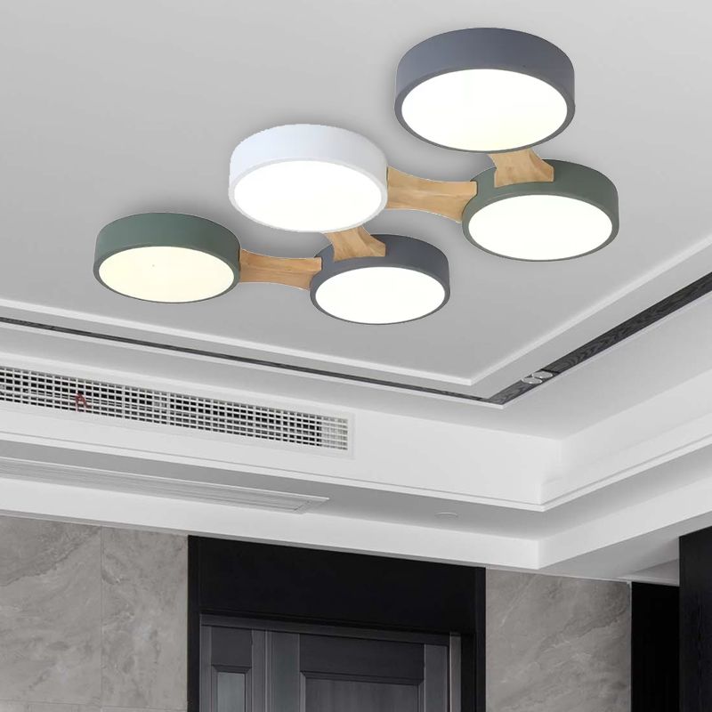Ronde plafondlamp van hout en metaal, Scandinavisch 3/4/5-lichts grijs plafondverzonken plafond voor slaapkamer in warm/wit