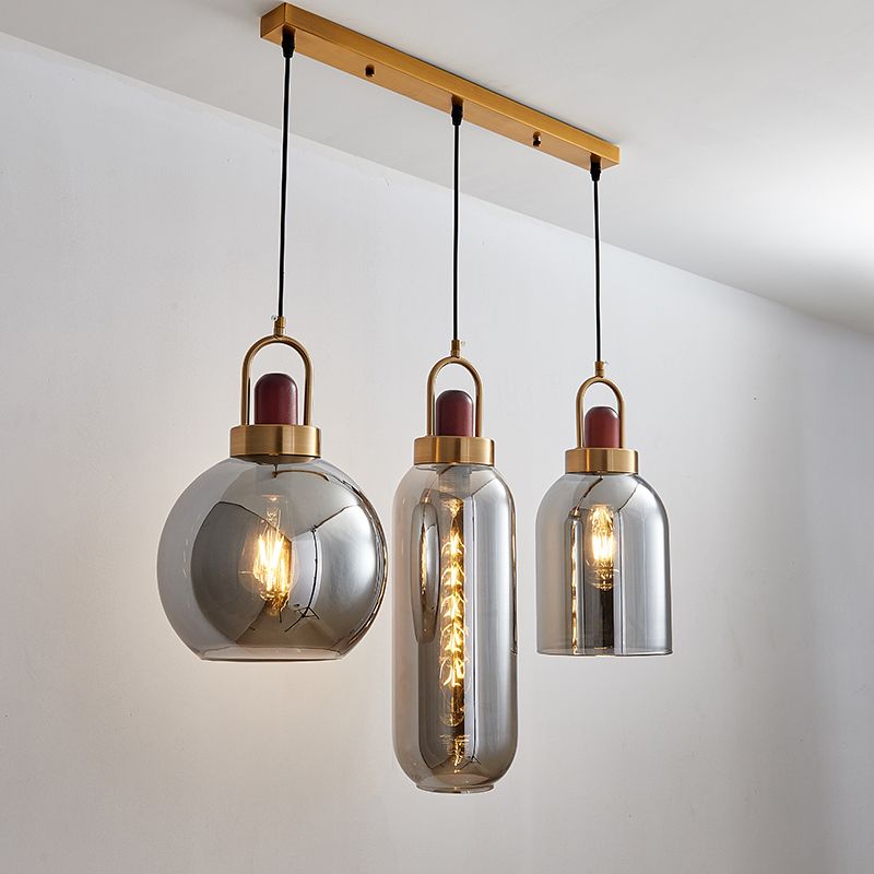 Smoke Grey Glass Geometric Cluster Pendant Light Minimalist 3-Head Brown Hanging Lamp Kit for Dining Room