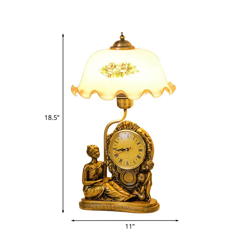 Brass 1 Head Scalloped Table Lamp Vintage Opaline Glass Bowl Reading Book Light with Clock and Woman Deco