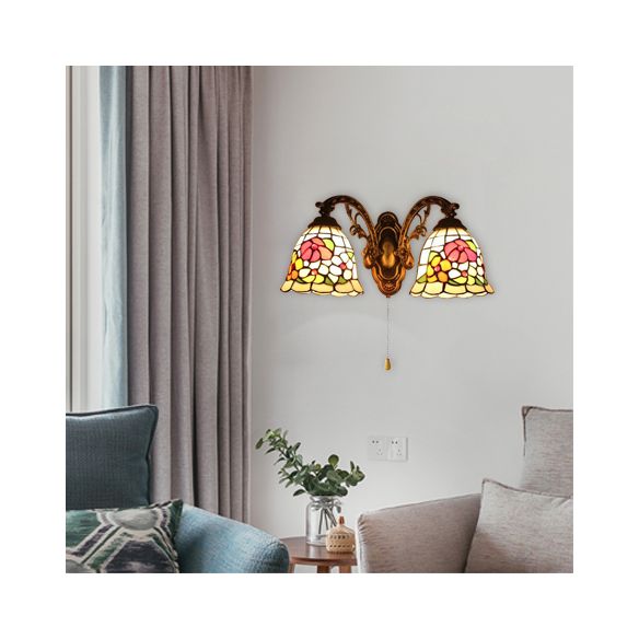 Beige Bell Wall Fixture Light Tiffany Stained Glass 2 Lights Flower Wall Sconce Lamp Fixture with Pull Switch