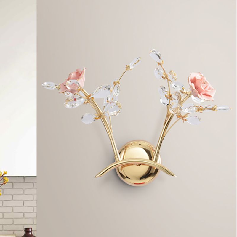 Rose Sconce Lamp with Crystal Leaf Vintage Metal 2 Lights Gold Wall Mount Light for Living Room