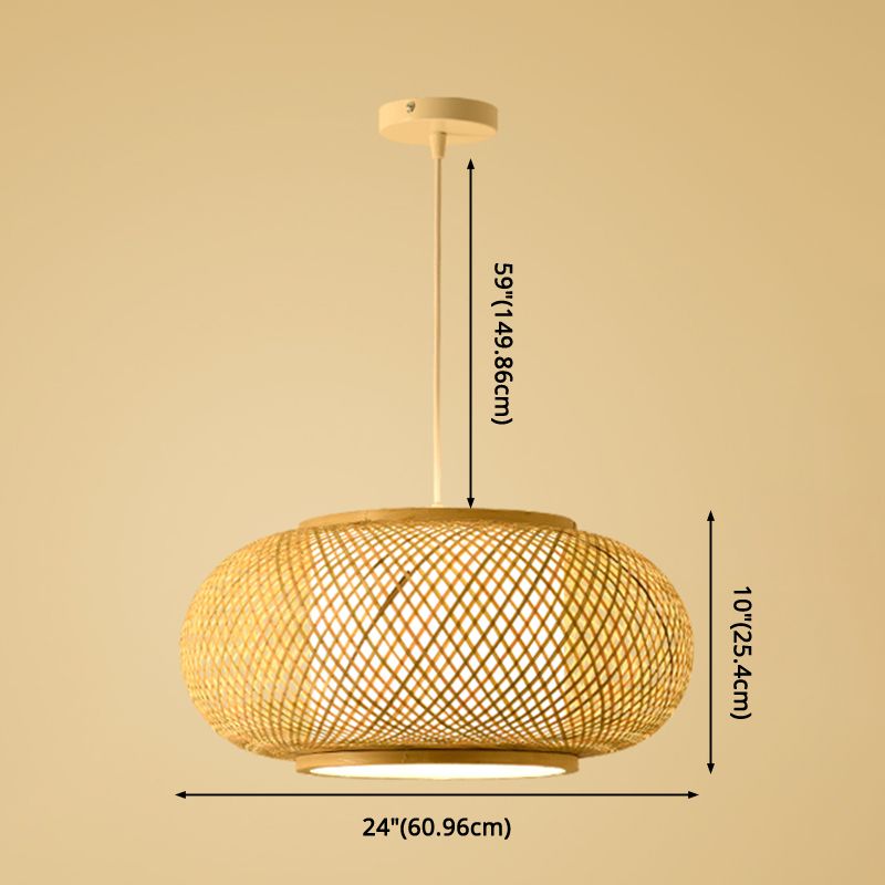 Bamboo & Rattan Weaving Drum Suspended Light Asian Style 1 Light Accent Pendant Lamp in Beige