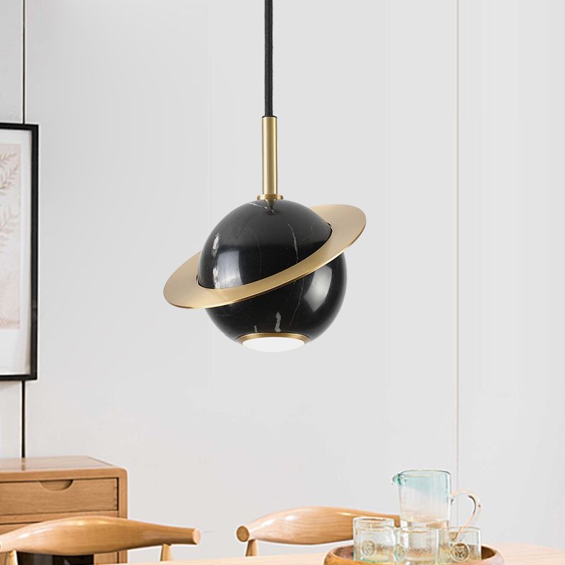 Mini Space Planet Kitchen Pendant Marble 1 Bulb Postmodern Ceiling Suspension Lamp in Green/White/Black-Brass