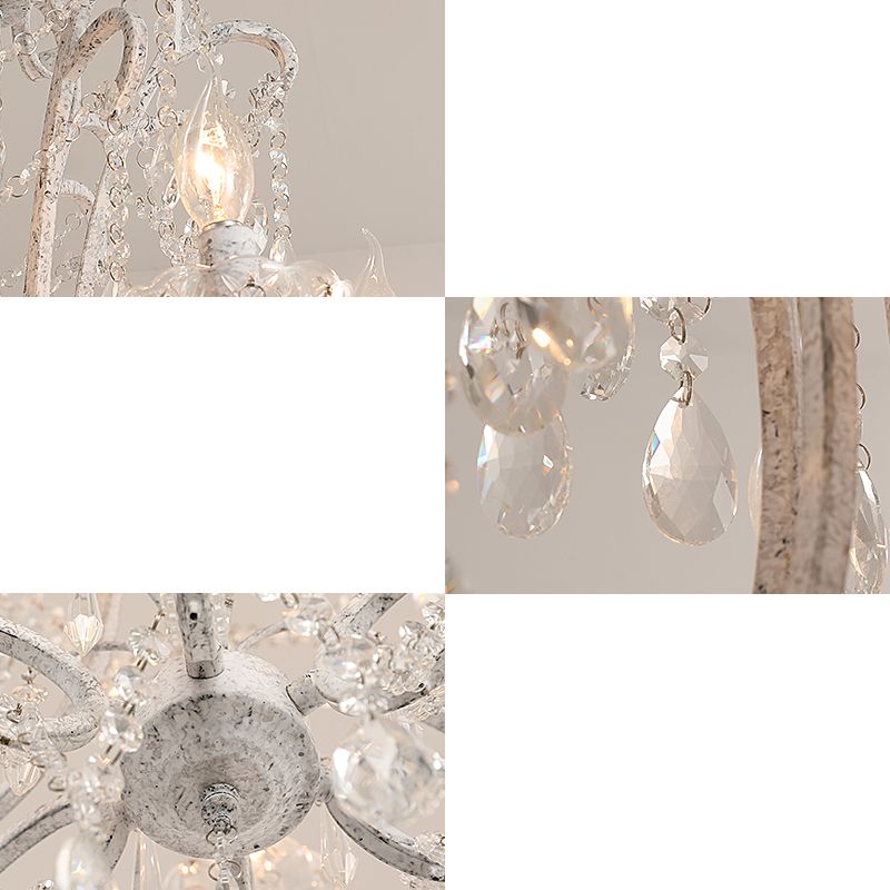 Antique Candlestick Ceiling Lighting Metallic Chandelier Light Fixture with Crystal Bead Decor in White
