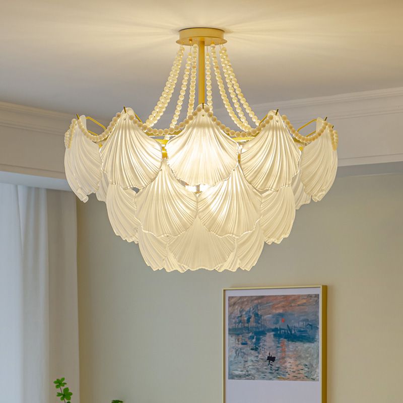 Nordic Shell Shape Chandelier Glass Multi Light Hanging Light in White for Bedroom