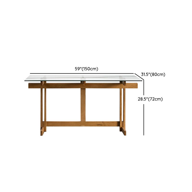 Clear Modern Rectangle Glass Dining Table with Solid Wood Trestle Base