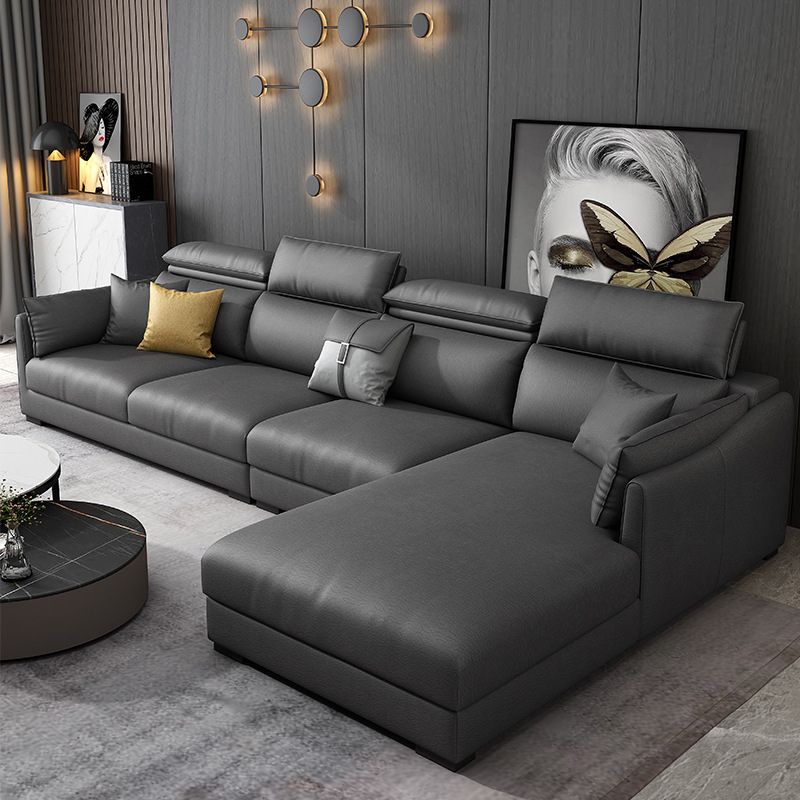 Modern Faux Leather Sofa & Chaise 68.90" D Square Arm Sofa in Dark Grey