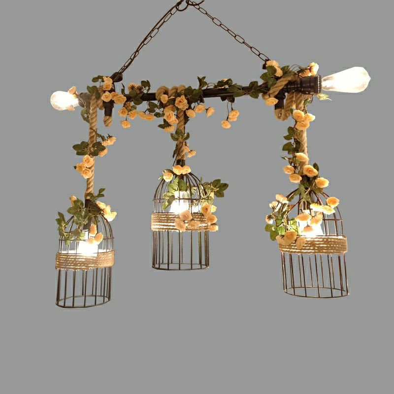 Luz de colgante de isla beige estilo vintage de cuerda de cuerda pájaro accesorio de iluminación colgante