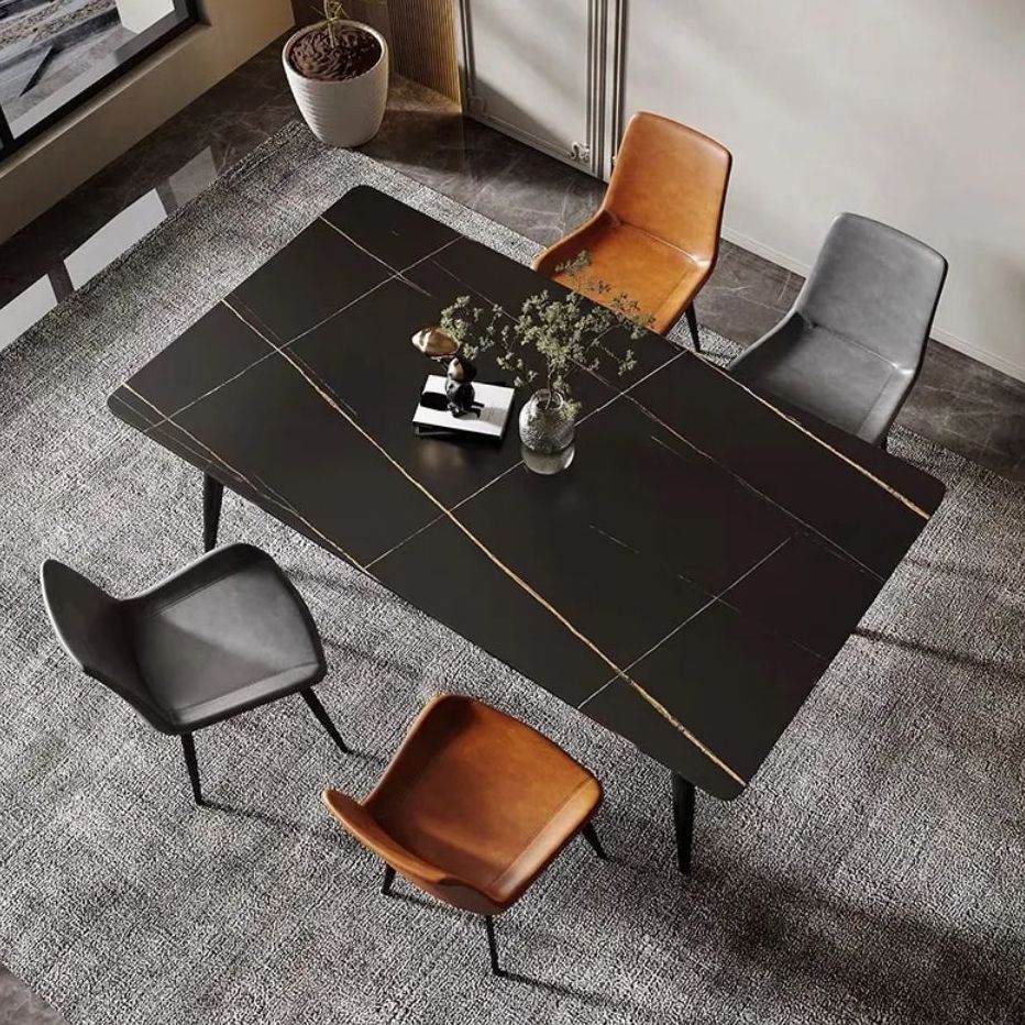 Modern Style Sintered Stone Dining Table with Rectangle Shape Table and 4 Black Legs Base