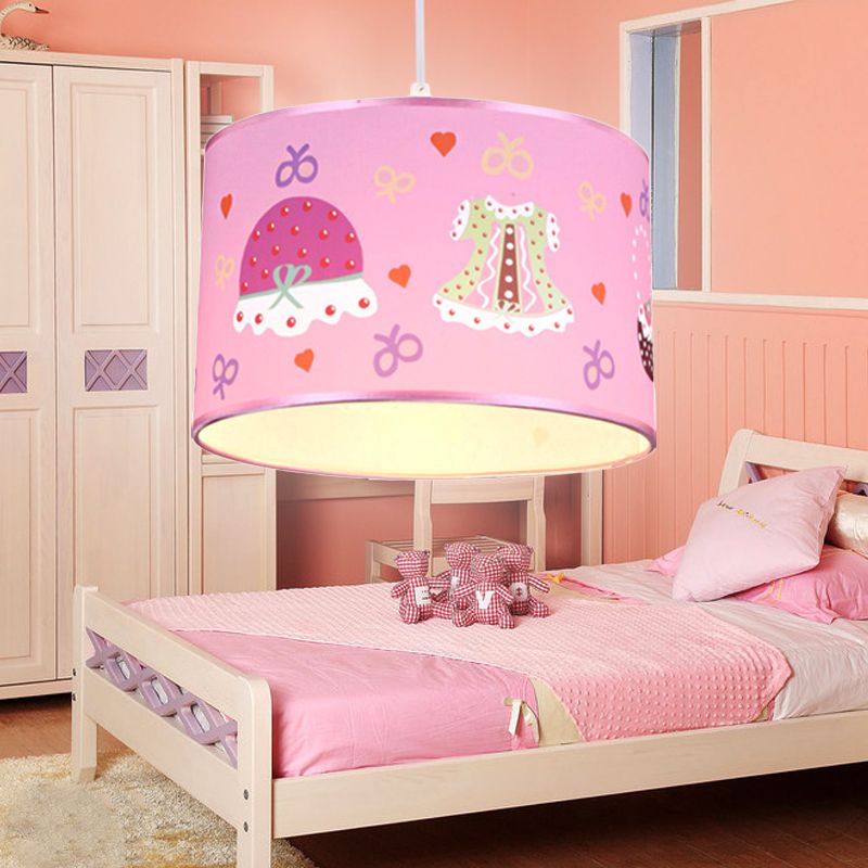 1 Light Bedroom Pendant Light Fixture Cartoon Stylish Pink Hanging Lamp with Drum Fabric Shade