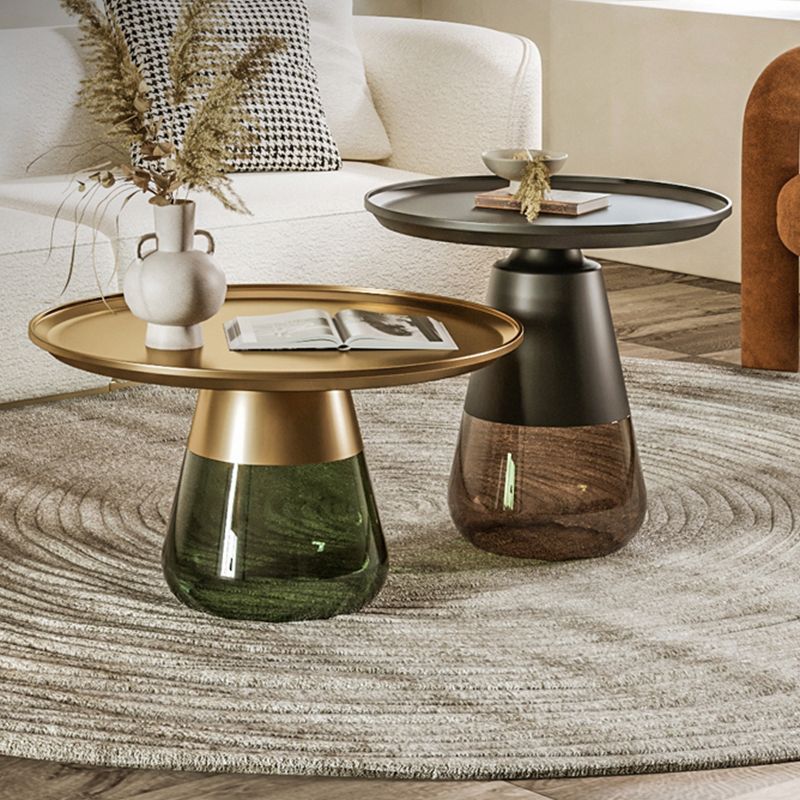 Round Metal Tray Top Coffee Table Glass Pedestal Cocktail Table