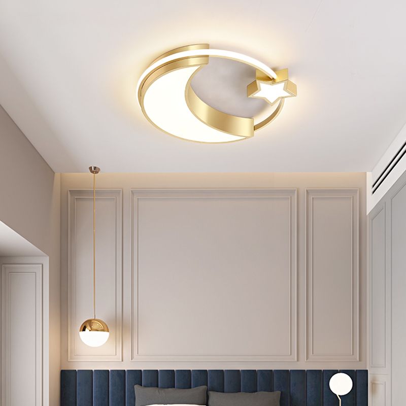 Golden Moon and Star LED Flush Mount Fixture Nordic Acrylic Ceiling Flush Mount Light for Nursery