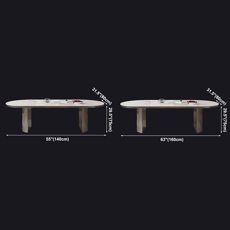 Oval Sintered Stone Dining Table Modern Table in White with Double Pedestal