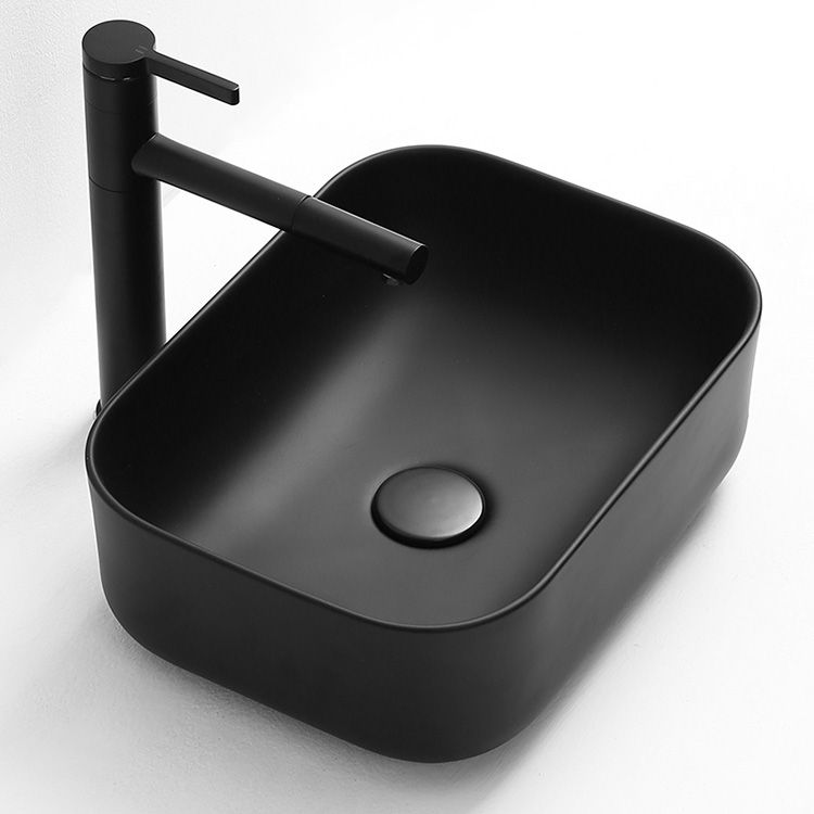 Contemporary Bathroom Sink Pop-Up Drain Porcelain Solid Color Rectangular Vessel Sink
