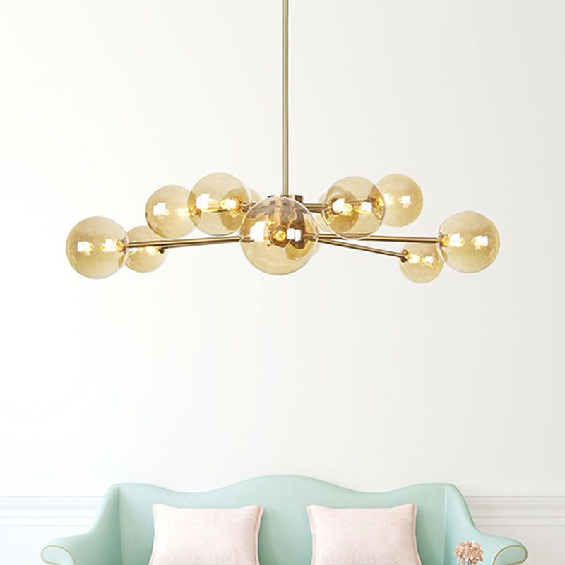 Lustre de lustre rond en or modernisme 12 bulbes en verre ambre LED de plafond suspendu