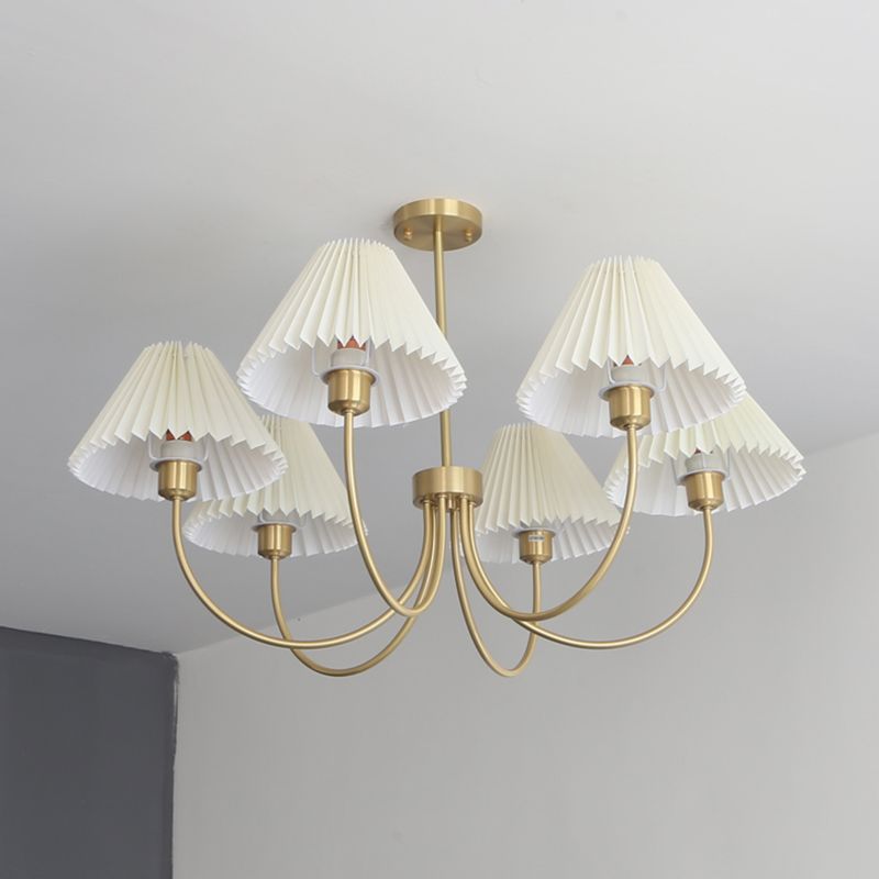 Country Style Living Room Chandelier Retro Fabric Conical Pendant Light Fixture in Brass