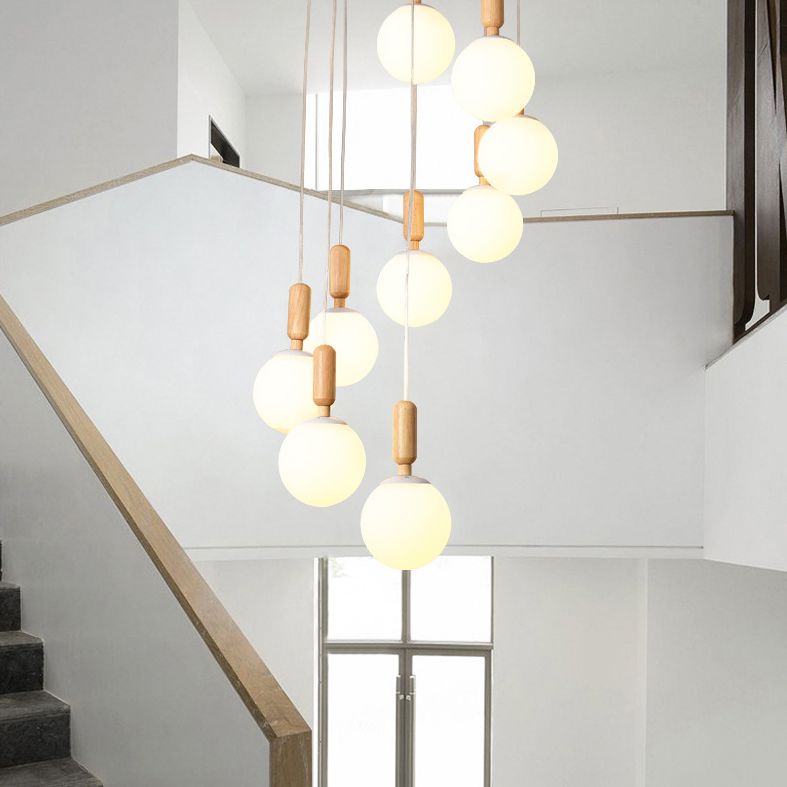Spiral Stair Ceiling Pendant Simple Wood Multi Hanging Lamp with Ball White Glass Shade