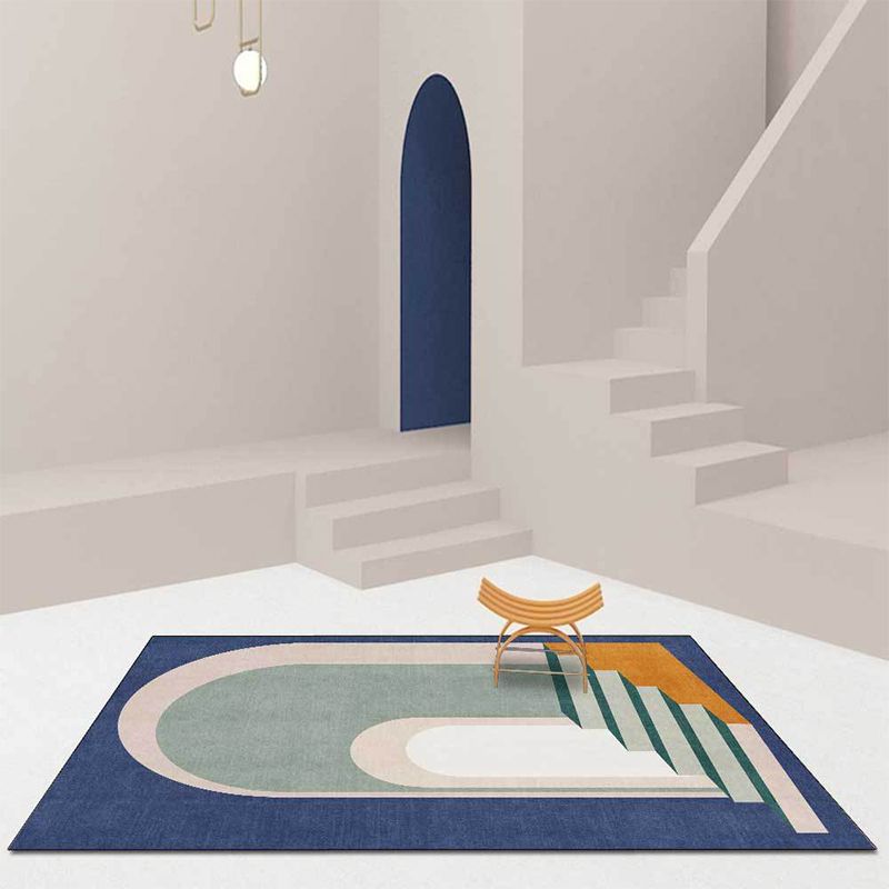 Modern Living Room Rug in Blue and Green Color Block Door Stair Print Rug Polyester Machine Washable Area Rug