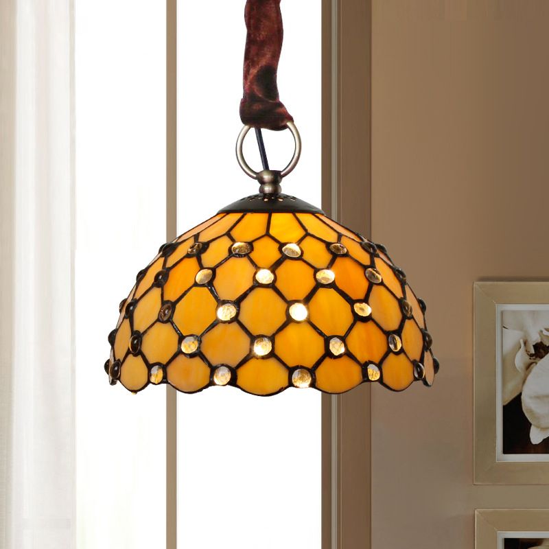 Beige Bowl Suspension Lamp Tiffany 1-Bulb Cut Glass Ceiling Light Fixture with Jewel Deco