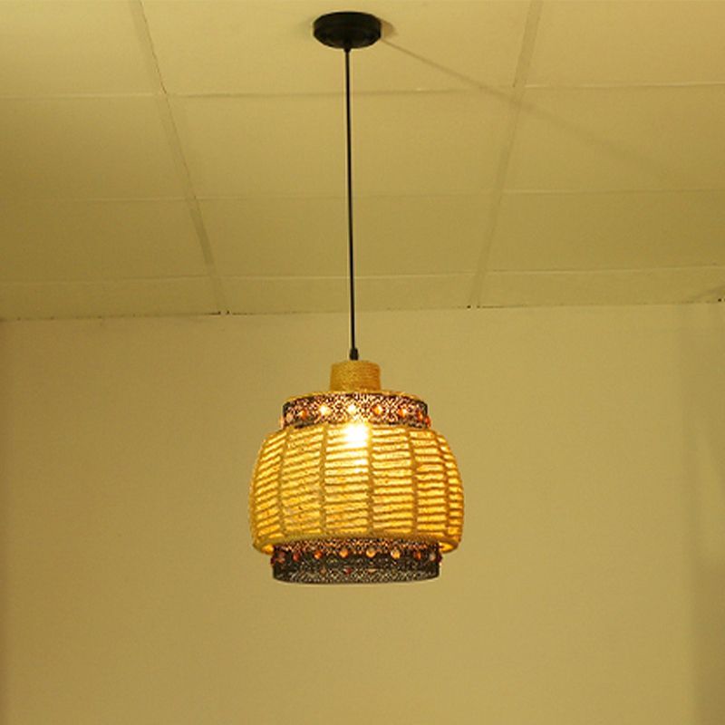 Beige Hand Woven Pendant Lighting Countryside 1 Light Rope and Metal Hanging Lamp with Jewels Accent