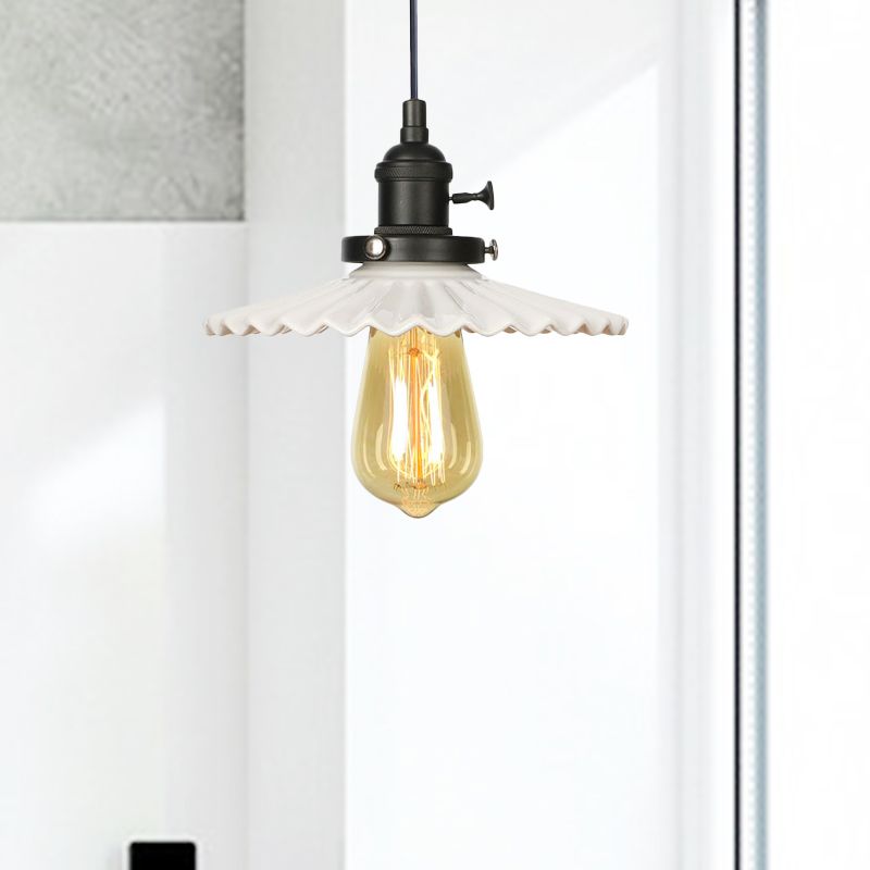 Industrial Scalloped Edge Hanging Light Fixture Ceramic 1 Bulb Dining Room Pendant Ceiling Light in Black/Bronze/Brass