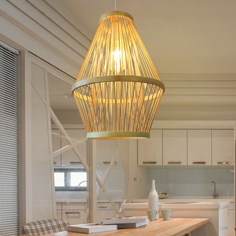 Luz de colgante curvado lámpara de bambú moderna 1 lámpara colgante de madera clara para comedor