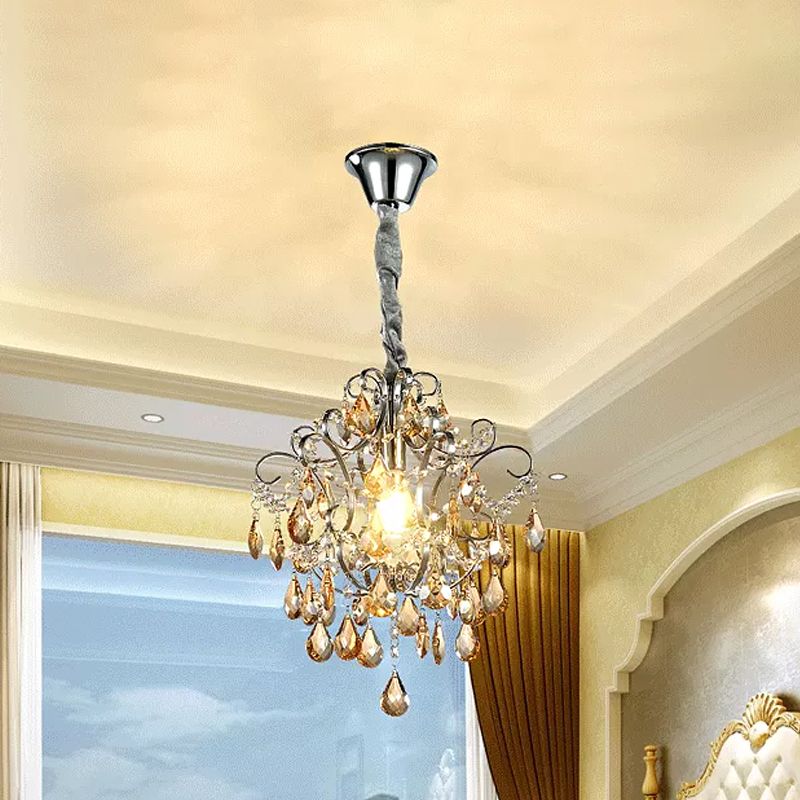 Crystal Teardrops Swirling Arm Hanging Light Modern 1 Head Dinning Hall Suspension Pendant in Silver