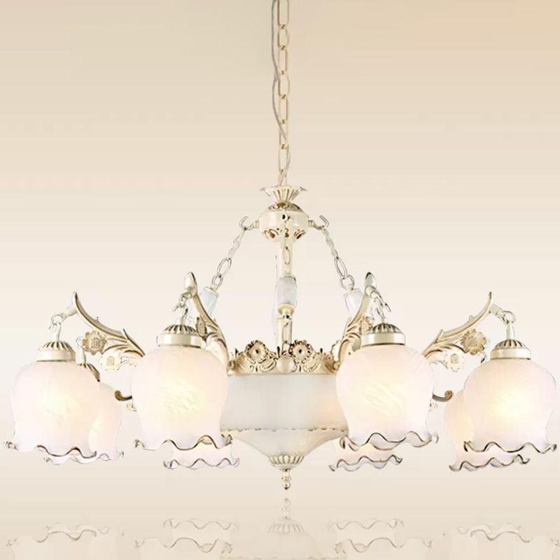 Flower Bud Shaped Dining Room Drop Lamp Traditional White Glass 11 Lights Brass Chandelier