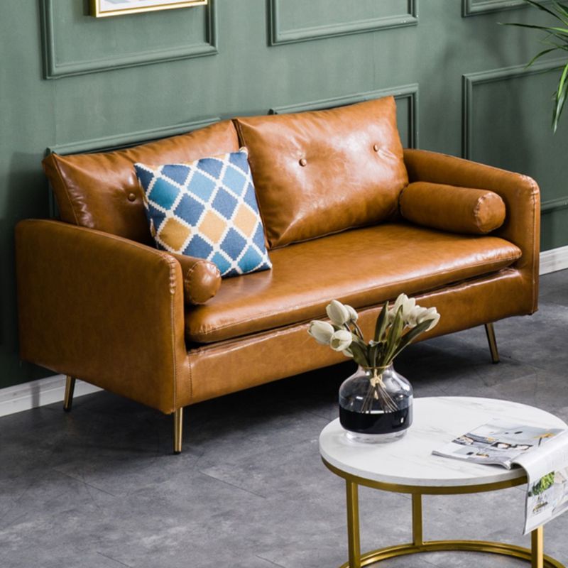 Glam Sofa with 2 Pillows Square Arm Faux Leather Living Room Seating