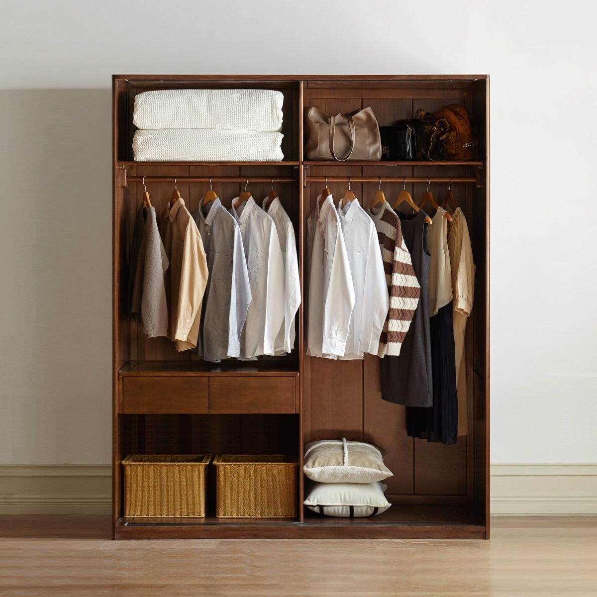 Walnut Solid Wood Wardrobe Freestanding Wardrobe with Sliding Doors