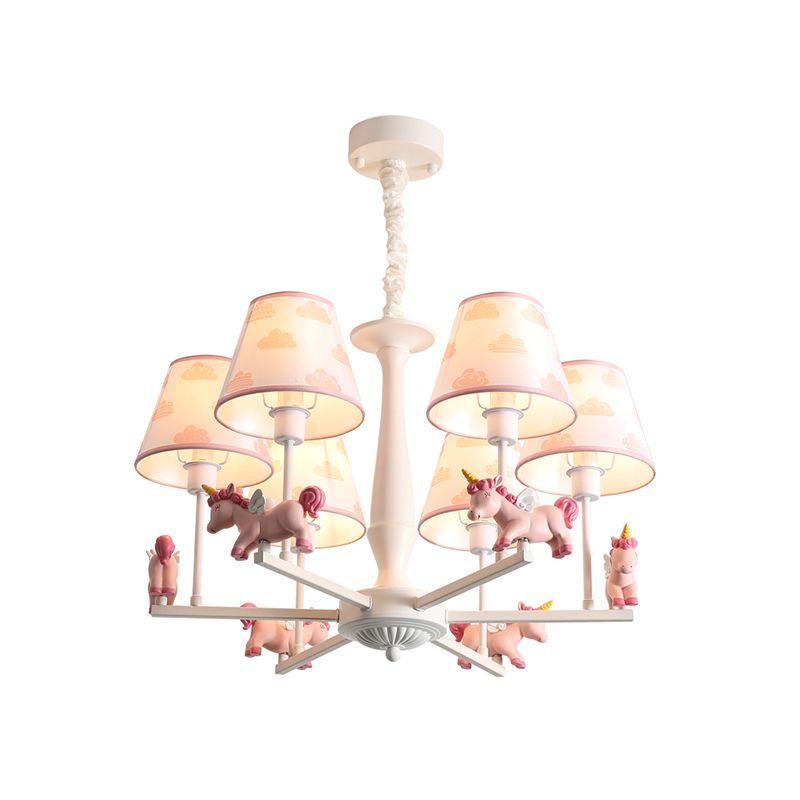 Print Fabric Conical Hanging Light Kids Style Pink Chandelier Light Fixture with Unicorn Deco