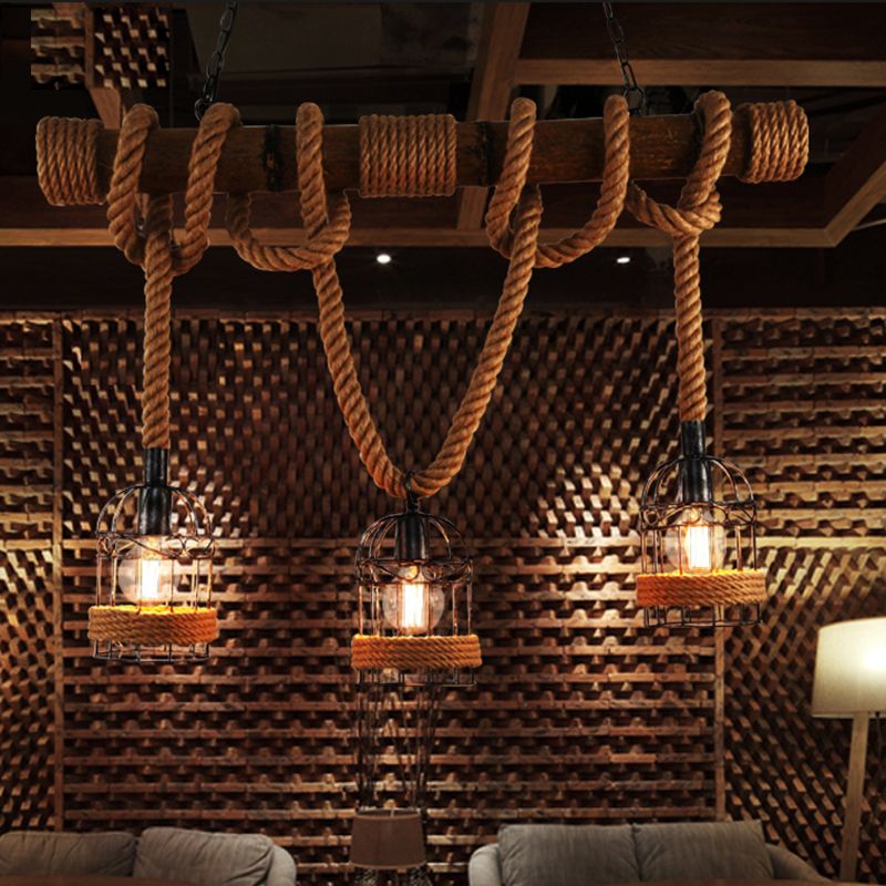 Industrial Style Birdcage Shape Island Pendants Rope Pendant Lights for Restaurant