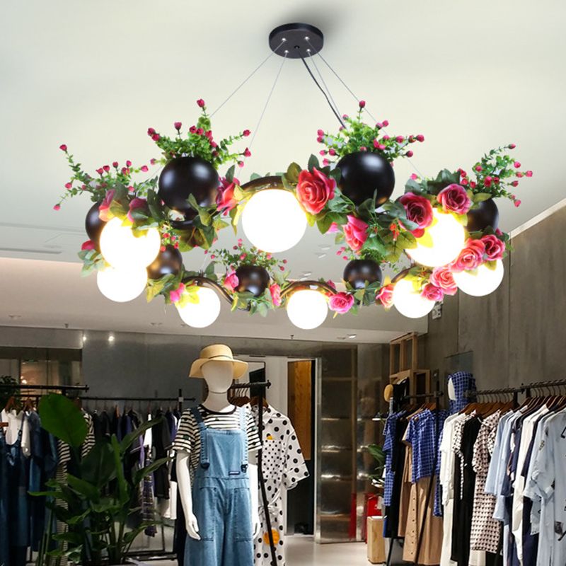 Sphere Metal Ceiling Lamp Industrial 8 Bulbs Living Room Chandelier Light in Black with Flower Decoration